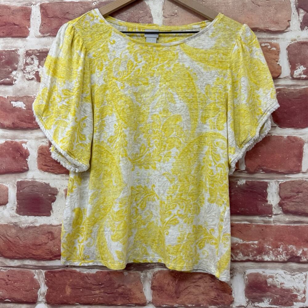 Chicos Top Shirt Womens Medium 1 Yellow White Boho Floral Fringe Petal Sleeves - Picture 6 of 8